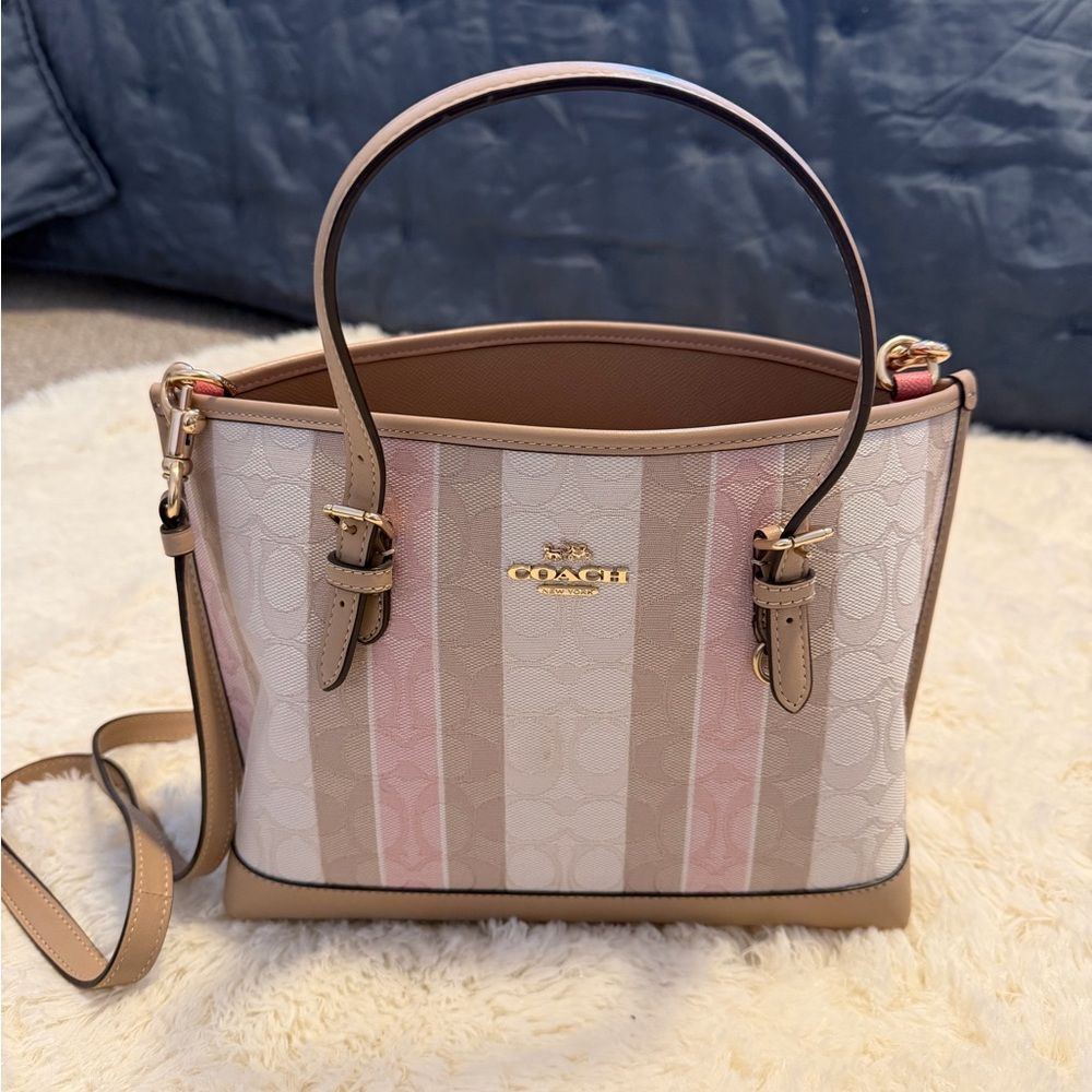 Coach Women's Pink and Beige Striped Shoulder Bag